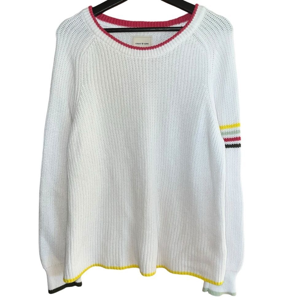 Court & Rowe Cotton Knit Crewneck Sweater‎ Womens XL White with Rainbow Stripes
